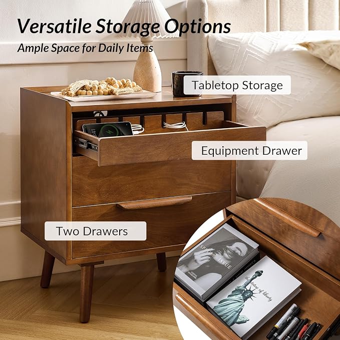 HULALA HOME Nightstand with Charging Station, Mid-Century Modern 2 Drawer and - Image 5