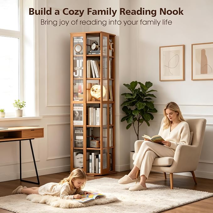 Rotating Bookshelf Tower 6-Tier, Space Saving Spinning Bookcase, Tall Narrow - Image 5