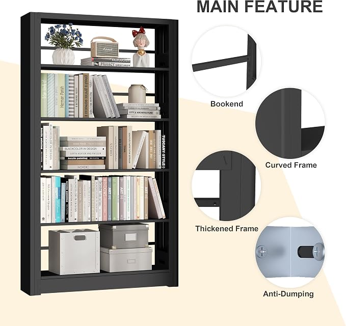 69" Tall Bookshelf, 5 Tier Black Bookcase - Image 3