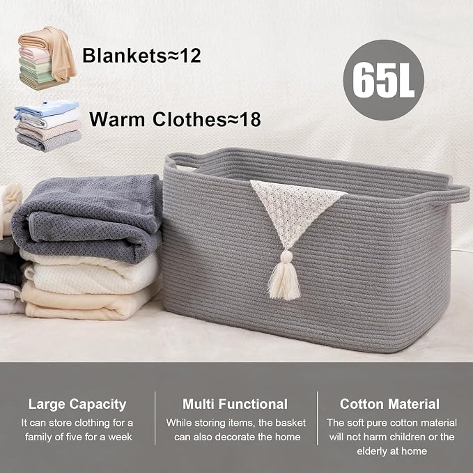 65L Large Storage Basket, Cotton Rope Woven Blanket Basket, Toy Storage - Image 2