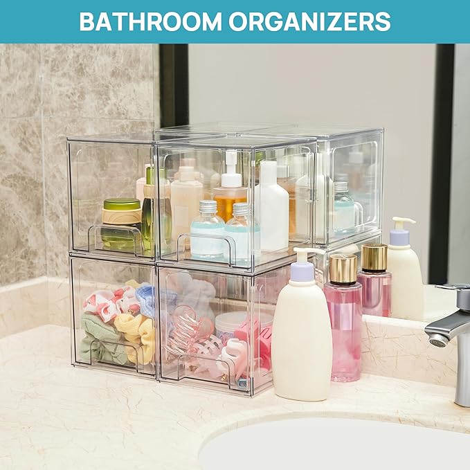 Vtopmart 4 Pack Stackable Storage Drawers, 6.6''Tall Acrylic Bathroom Makeup - Image 5