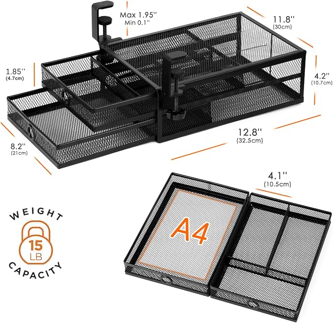 2-Tier Clamp-On Mesh Organizer, Under Desk Storage - Image 3