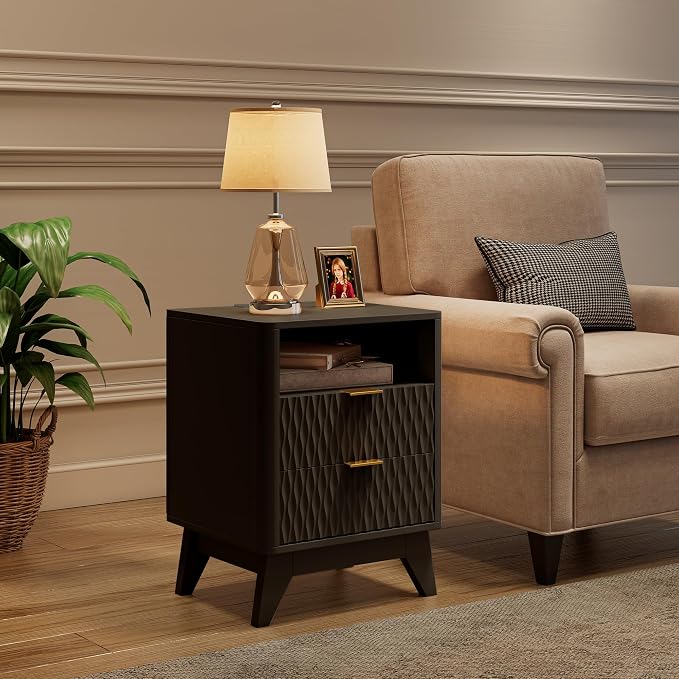 Fluted Nightstand with Charging Station, Bedside Table - Image 3