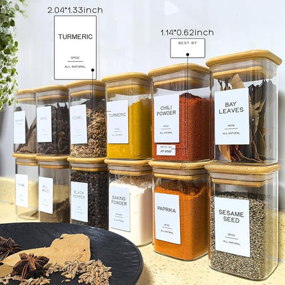12 Pcs Glass Spice Jars with Bamboo Airtight Lids & 201 Labels - 8oz Square - Image 3