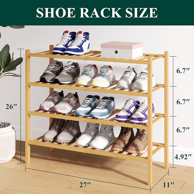 Smiry Bamboo Shoe Rack for Closet, 4 Tier Wooden Stackable Shoe Organizer - Image 2