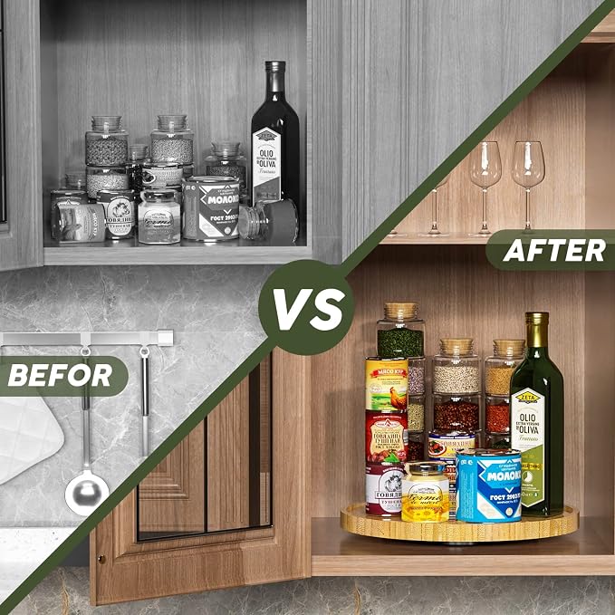 Lazy Susan for Table, 12 Inch Non-Skid Bamboo Turntable Organizer for Salt - Image 4