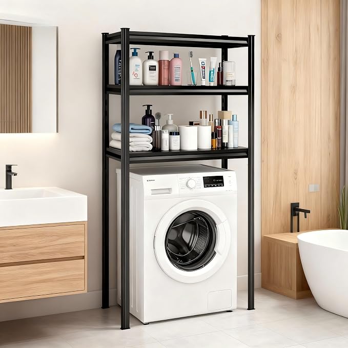 Height-Adjustable Bathroom & Laundry Storage Shelf, 3-Tier Metal Organizer Rack by HYMNXEMO