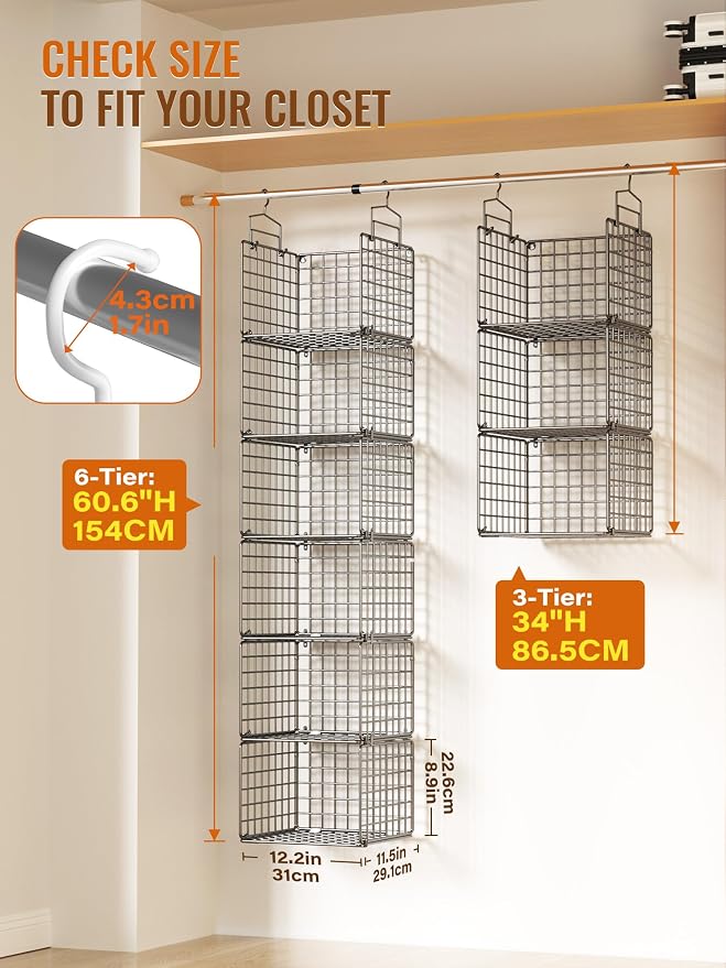 6 Tier Closet Hanging Organizer, Metal Closet Organizers and Storage - Image 2