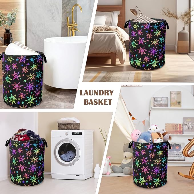 Laundry Hamper, Bright Neon Stars Laundry Basket, Waterproof Oxford Cloth - Image 7
