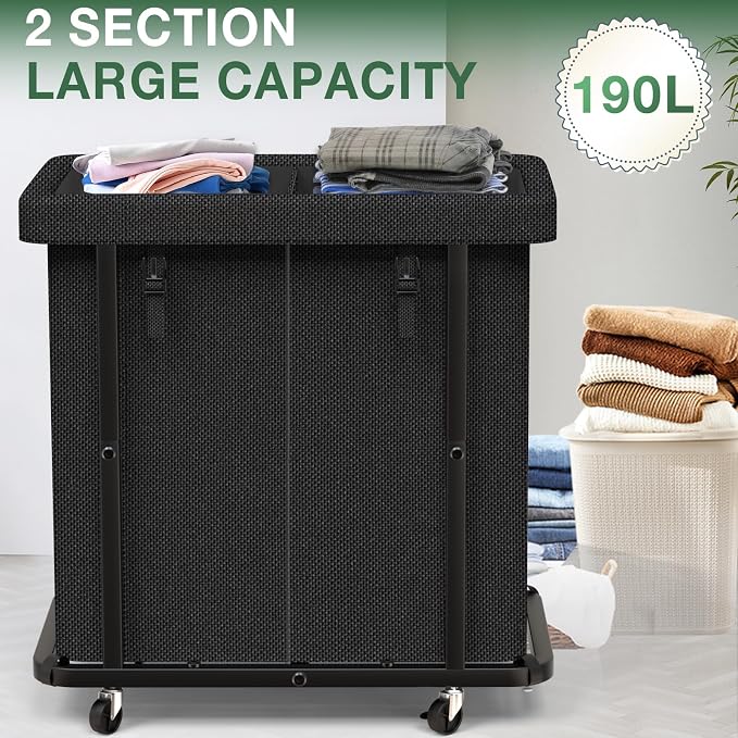 50 Gal Laundry Basket with Lid, Rolling Laundry Hamper with Wheels, Dirty - Image 2