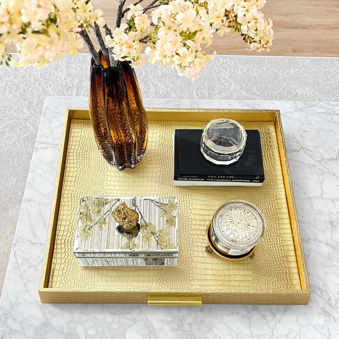 HofferRuffer Extra Large Square Serving Tray, Elegant Faux Leather Ottoman Tray - Image 6
