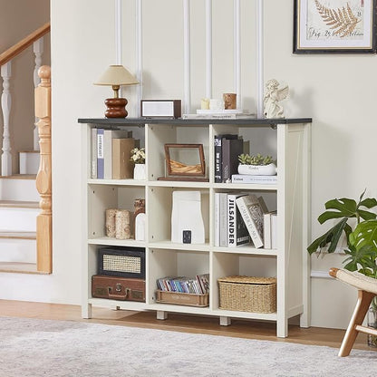 9 Cube Bookcase, Farmhouse 47 Inch Wide White Bookshelf, Wooden 3 Tier Display - Image 6