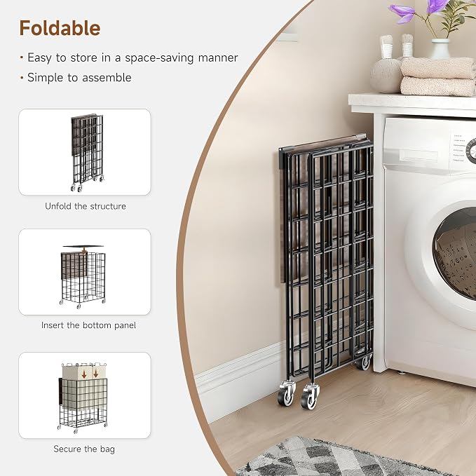Laundry Basket with Wheels, Heavy Duty Laundry Sorter 2 Sections, 120L Large - Image 8