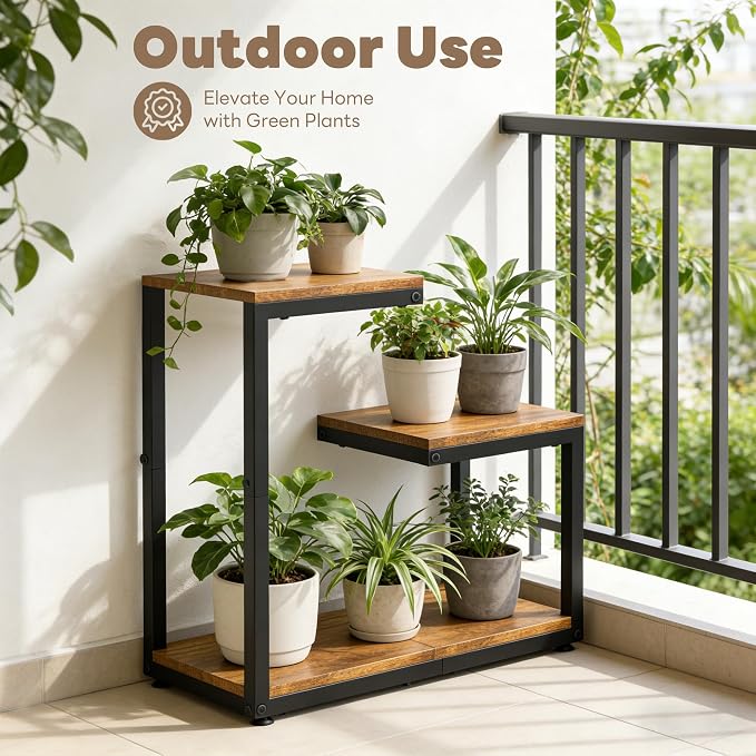 3 Tier Plant Stand Indoor, Thickened Metal Wood Corner Plant Shelf Stands - Image 4