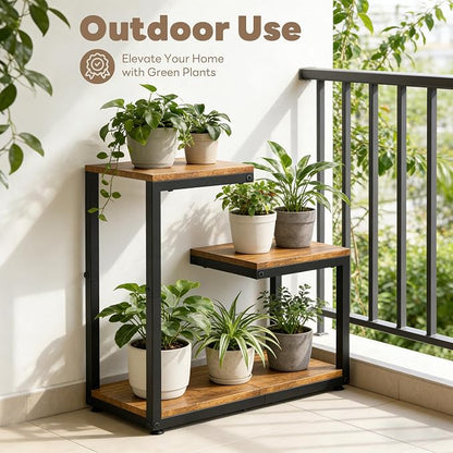 3 Tier Plant Stand Indoor, Thickened Metal Wood Corner Plant Shelf Stands - Image 4