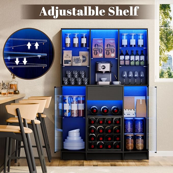59.05" Wine Bar Cabinet W/ LED Lights & Tempered Glass Door, Home Bar Liquor - Image 4