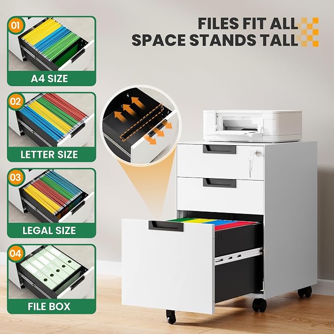 Mobile File Cabinet, 3 Drawer Locking Storage Filing Cabinet, Office Metal - Image 5