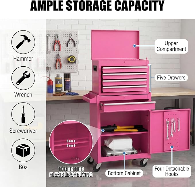 Goplus Rolling Tool Chest, 5-Drawer Tool Box Organizer w/Lockable Wheels & - Image 5