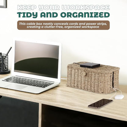 BLUEWEST Large Cable Management Box, Natural Rattan Cable Cord Organizer Boxes - Image 7