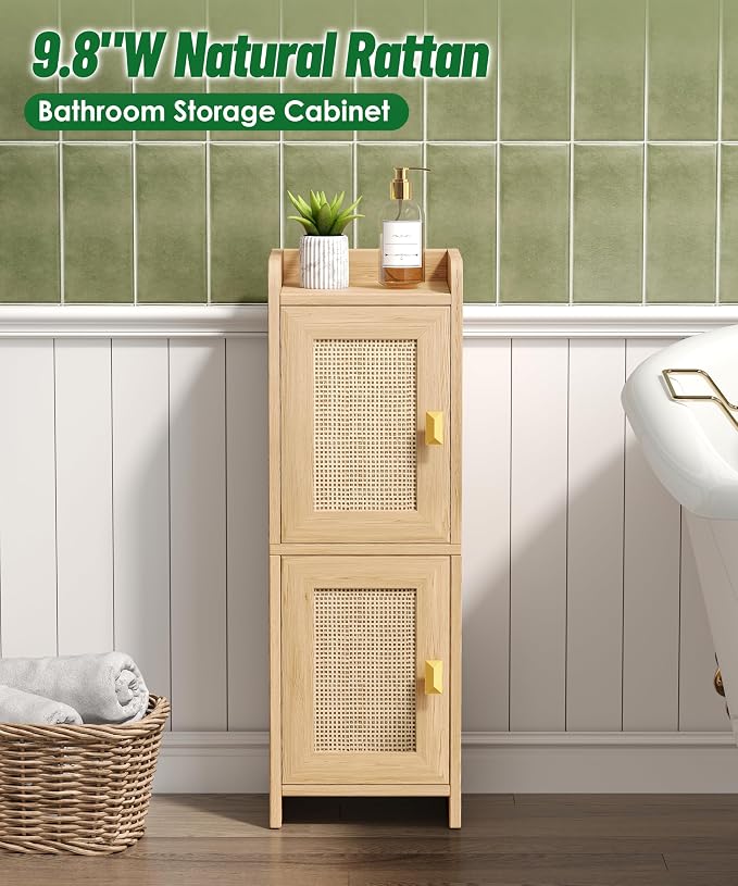 Akxomel Rattan Small Bathroom Cabinet Narrow Toilet Paper Organizer Oak | - Image 3