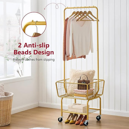 Tajsoon Laundry Cart with Wheels, Metal Rolling Laundry Hamper with Hanging Rack - Image 5