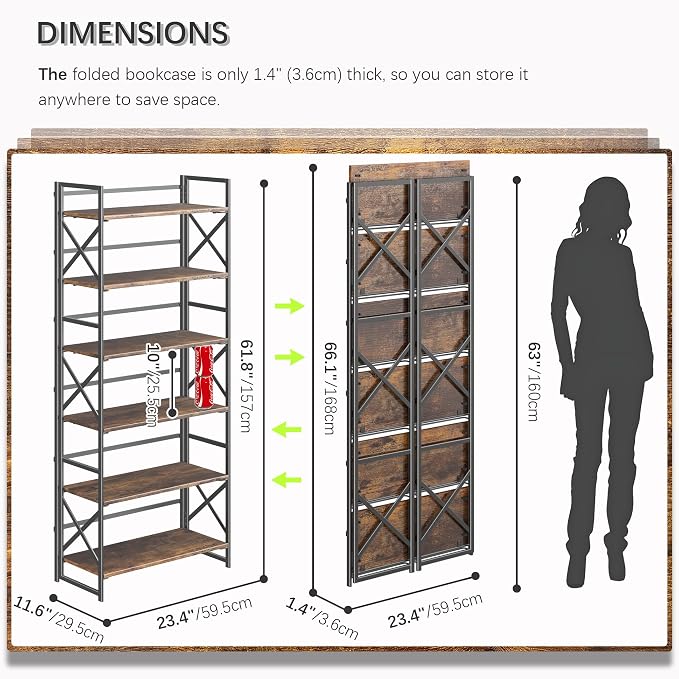4NM 6 Tiers No Assembly Book Shelves, 61.8" H Folding Bookshelf Bookcase Open - Image 2