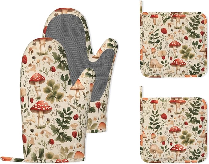 Red Mushroom Forest Strawberry Silicone Oven Mitts and Pot Holders, by Unknown