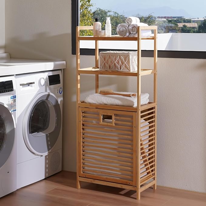 Bamboo Laundry Hamper with 3 Tier Shelves & Tilt Out Basket, Laundry Baskets - Image 9