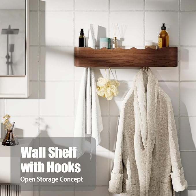 Coat Rack Wall Mount with Shelf 4 Hidden Hooks Modern Wooden Key Holder - Image 7