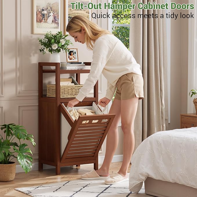 Homykic Tilt Out Laundry Hamper, 10 Gal Bamboo Laundry Storage Cabinet - Image 3