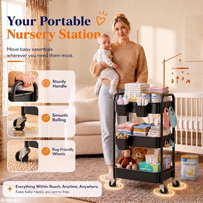 3 Tier Rolling Cart Metal with Wheels, Storage Utility Trolley Carts - Image 7