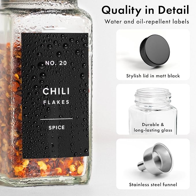 EDELHAUS Glass Spice Jars with Label, Seasoning Set, 36x Black Steel Lids | - Image 9