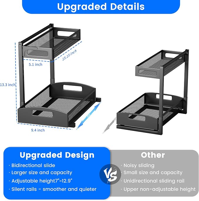 Under Sink Organizer, 2 Pack Height Adjustable Under Sink Organizers and Storage - Image 2