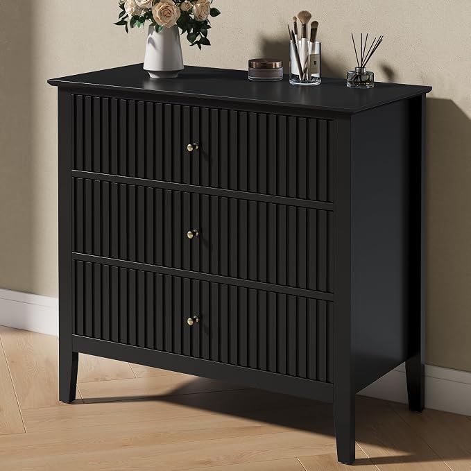 RoyalCraft Black Fluted 3 Drawer Dresser, 32 inch Wide Dresser Nightstand by Bringyoubetterlife