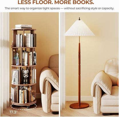 4-Tier Rotating Bookshelf on Wheels, 360° Spinning Bookshelf Tower, Round - Image 6