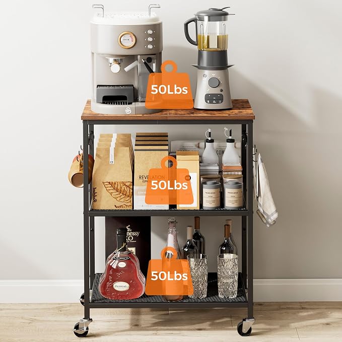 Homleke 3-Tier Rolling Kitchen Microwave Cart, Kitchen Utility Cart on Lockable - Image 5