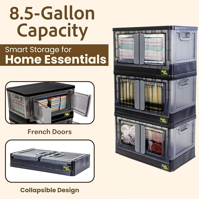 Quik Box - 8.5 Gallon 3-Pack Stackable Storage Bins - Collapsible Organizer - Image 4