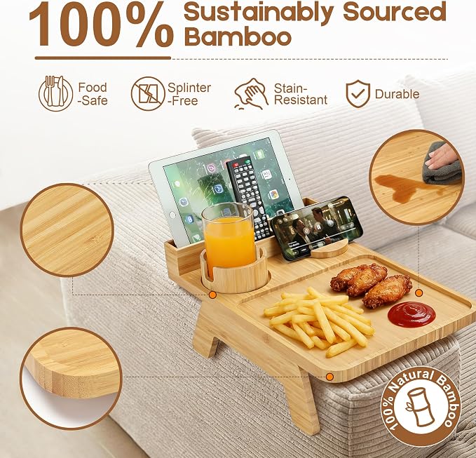 Bamboo Couch Arm Tray, with Cup Holder Phone Stand&Non-Slip | 100% side-pressed - Image 2