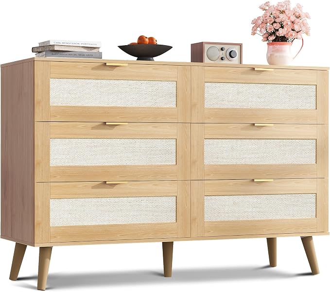WLIVE Rattan Dresser for Bedroom, 6 Drawer 47.24'' Wide Boho Wood Dresser by WLIVE