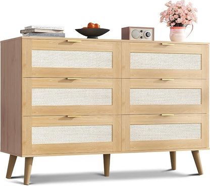 WLIVE Rattan Dresser for Bedroom, 6 Drawer 47.24'' Wide Boho Wood Dresser by WLIVE