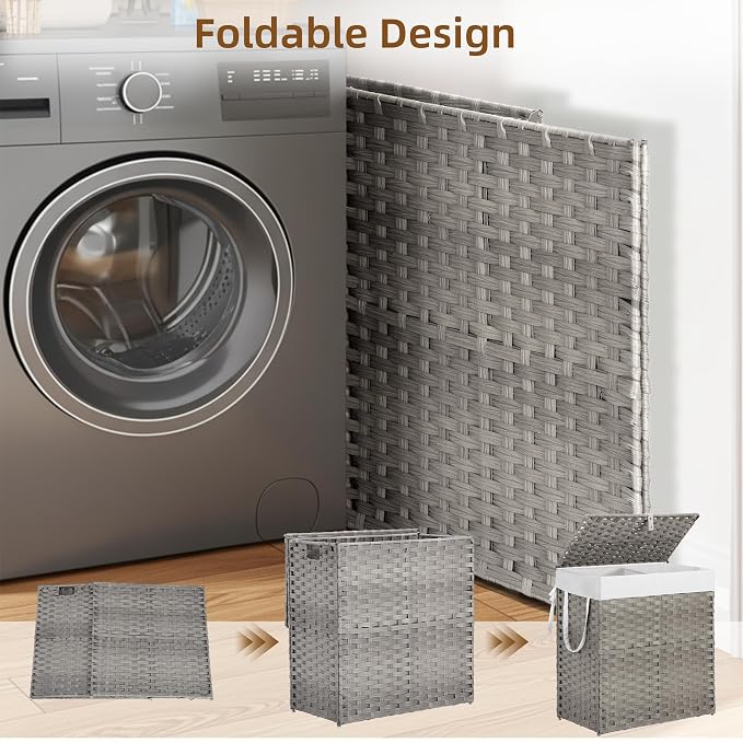 Woven Laundry Basket with Lid, Large Hamper with Removable and Machine-Washable - Image 5