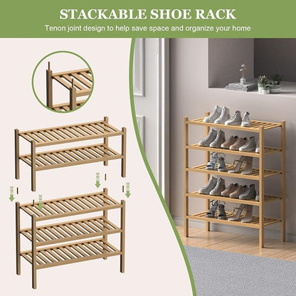 (Thick Bamboo Shoe Rack for Entryway, 2-Tier Free Standing Shoe Racks Stackable - Image 5