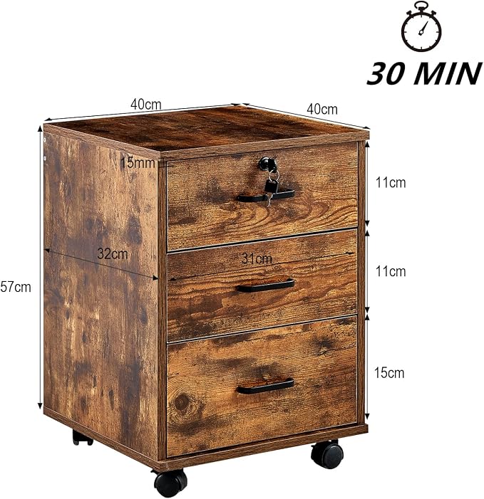 File Cabinet with Lock 3 Drawer Mobile Filing Cabinet with 360° Swivel Wheels - Image 2