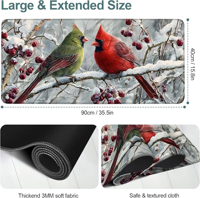 Winter Cardinal Bird Gaming Mouse Pad 35.4"x15.7"Desk Mat Anti-Slip Rubber Base - Image 2