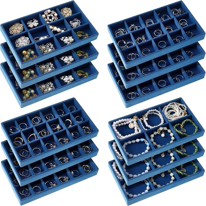 Junkin 12 Pcs Jewelry Tray Velvet Stackable Jewelry Organizer Trays Divided by Junkin
