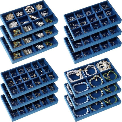 Junkin 12 Pcs Jewelry Tray Velvet Stackable Jewelry Organizer Trays Divided by Junkin