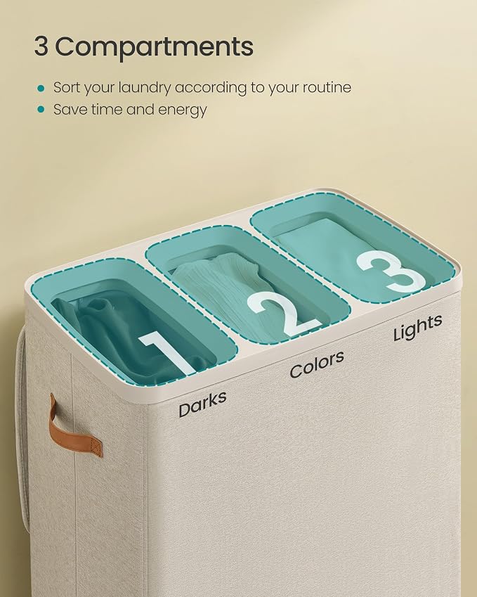 SONGMICS Laundry Basket, 50.2 Gal. Laundry Hamper, 3 Compartments, Easy Assembly - Image 3