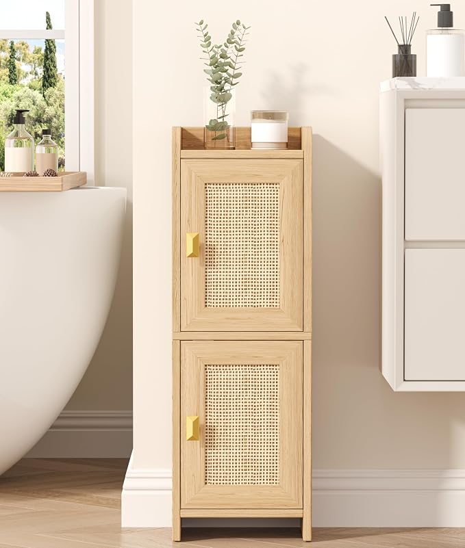 Akxomel Rattan Small Bathroom Cabinet Narrow Toilet Paper Organizer Oak | by Akxomel