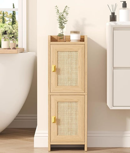 Akxomel Rattan Small Bathroom Cabinet Narrow Toilet Paper Organizer Oak | by Akxomel