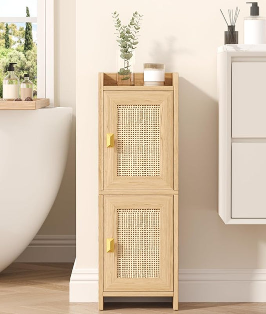 Akxomel Rattan Small Bathroom Cabinet Narrow Toilet Paper Organizer Oak | by Akxomel
